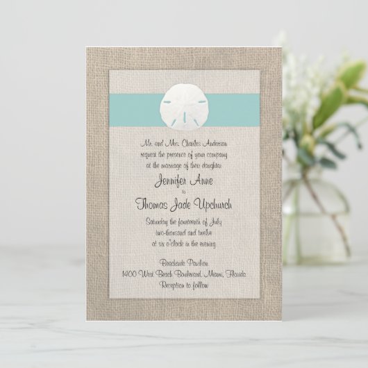 Zand Dollar Strand bruiloft uitnodiging - Turquois (Staand voorkant)