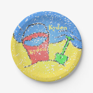 Zand emmer schep strand leuk kinderfeestje papieren bordje