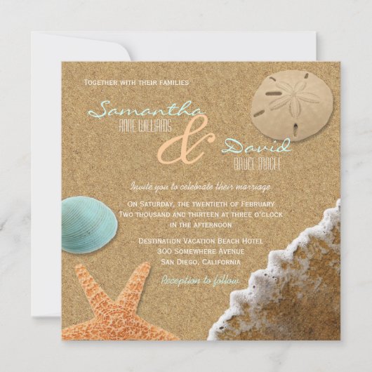 Zand en Shells Beach Square bruiloft uitnodiging (Voorkant)