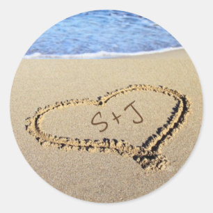 Zand Hart Initialen Strand Bestemming Bruiloft Ronde Sticker