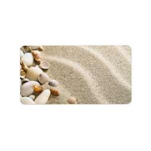 Zand met schalen en stangen. Beach-samenstelling Etiket