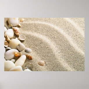 Zand met schalen en stangen. Beach-samenstelling Poster