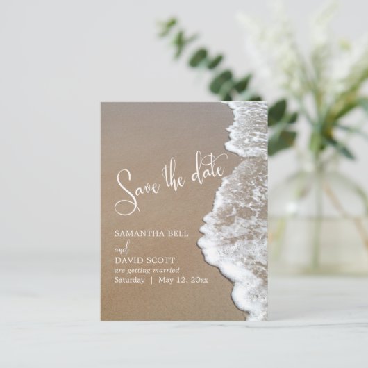 Zand & Schuim Strand Bruiloft Save the Date 1b Aankondigingskaart (Staand voorkant)