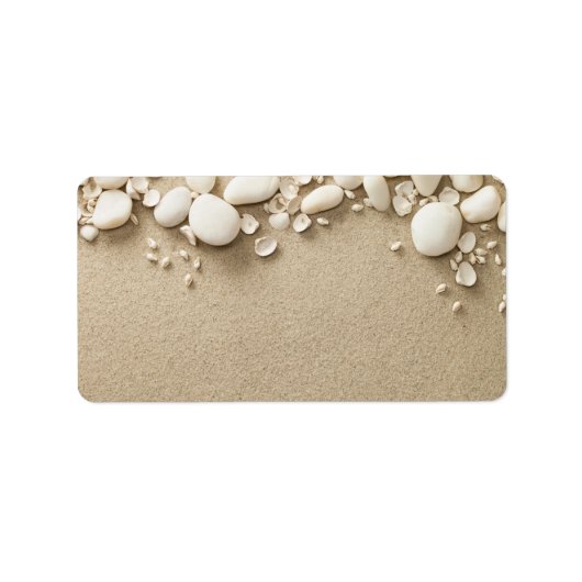 Zand, strand achtergrond met schelpen en stenen etiket (Voorkant)