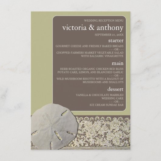 Zanddollar Kant,  Strand Bruiloft Menu (Voorkant)