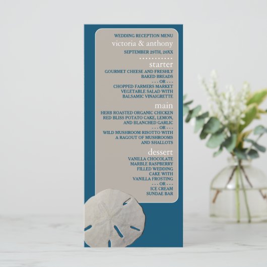 Zanddollar, Ocean Blue Beach Bruiloft Menu (Staand voorkant)