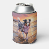 Zandige Australische Herder Hond op Strand Zonsond Blikjeskoeler (Blikje Achterkant)