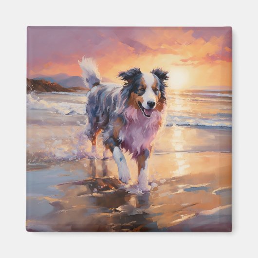 Zandige Australische Herder Hond op Strand Zonsond Magneet (Voorkant)