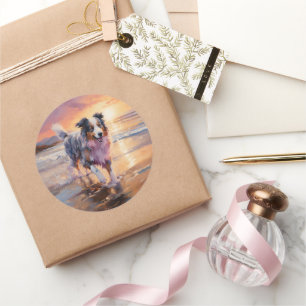 Zandige Australische Herder Hond op Strand Zonsond Ronde Sticker