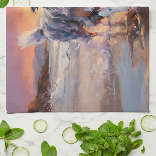 Zandige Australische Herder Hond op Strand Zonsond Theedoek (Gevouwen)