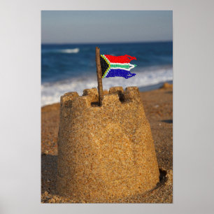 Zandkasteel met Zuid-Afrikaanse vlag, Umhlanga Poster