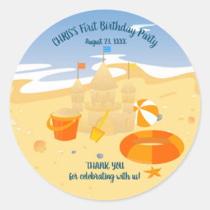 Zandkasteel strand leuk baby boy verjaardagsfeestj ronde sticker