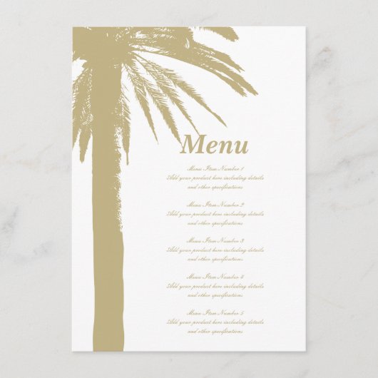 Zandkleur palmboom strand bruiloft menu sjabloon (Voorkant)