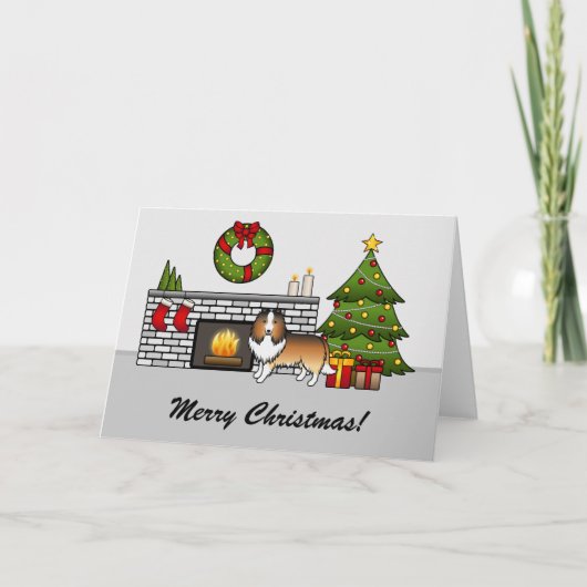 Zandkleurige Sheltie-hond in een kerstkamer & teks Kaart (Voorkant)