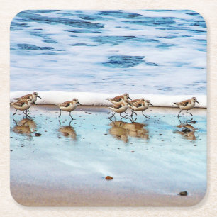 Zandpiers die langs de strand lopen vierkante kartonnen onderzetter