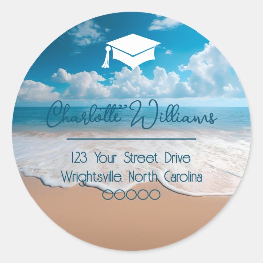 Zandstrand Grad Cap Afstudeeradres Ronde Sticker (Voorkant)
