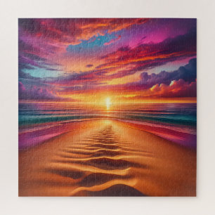 Zandstrand leidt tot een levendige zonsondergang legpuzzel