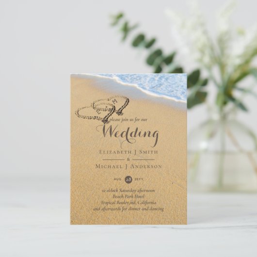 Zandstrandnamen in Zand Hartjes Oceaan Bruiloft Kaart (Staand voorkant)