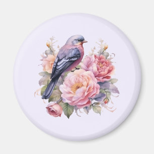 Zangvogel staand op roze pioenrozen magneet