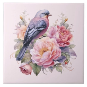 Zangvogel staand op roze pioenrozen tegeltje