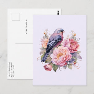 Zangvogel staande bovenop roze pioenrozen briefkaart
