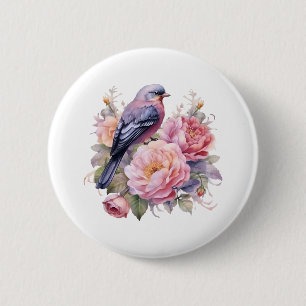 Zangvogel staande op roze pioenrozen ronde button 5,7 cm