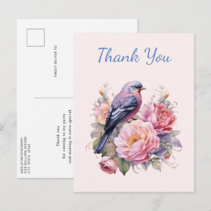 Zangvogel zit bovenop roze pioenrozen Dank je Briefkaart