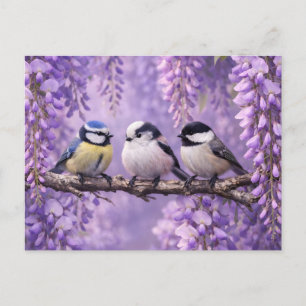 Zangvogels op de levendige bloemtak van de blauwer briefkaart