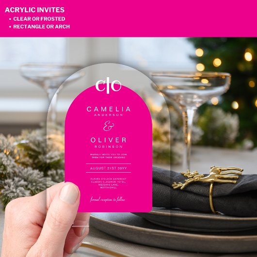 Zazzle Acryl Huwelijk Hot Pink White Text Arch Acryl Uitnodigingen