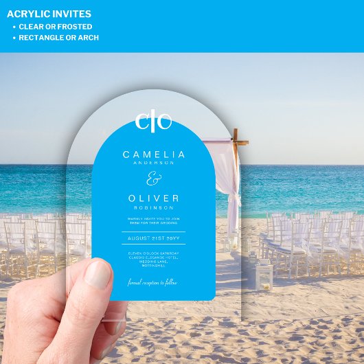 Zazzle Acryl Trouw Hemelblauw Witte Tekst Boog Acryl Uitnodigingen