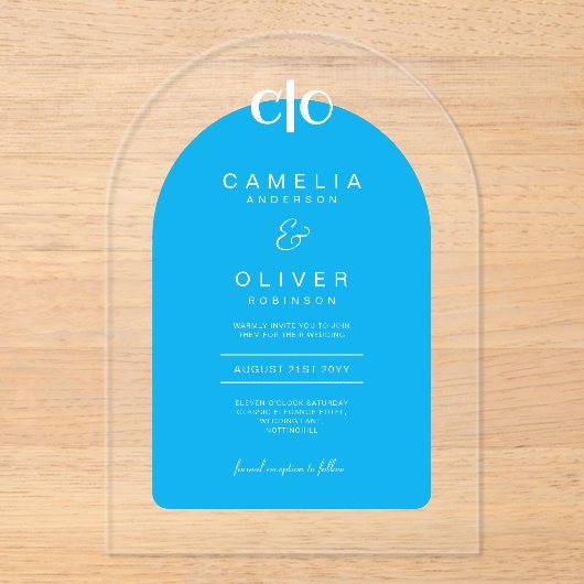 Zazzle Acryl Trouw Hemelblauw Witte Tekst Boog Acryl Uitnodigingen (Voorkant)