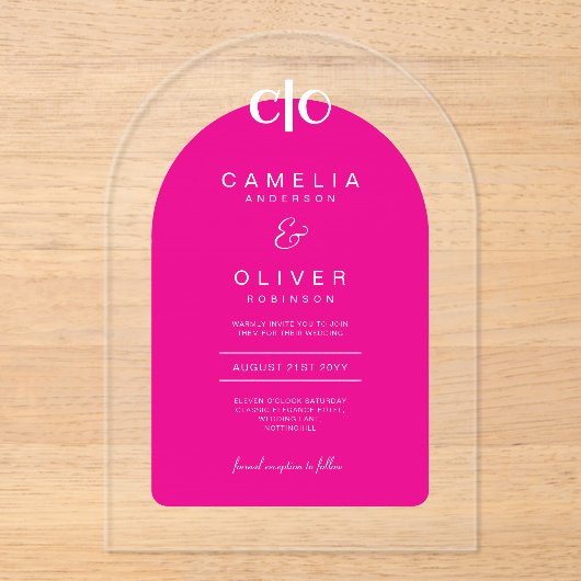 Zazzle Acryl Trouw Hot Roze Wit Tekst Boog Acryl Uitnodigingen (Voorkant)