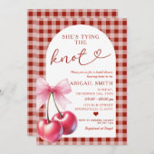 Ze bindt de knoop Cherry Gingham Shower Bow Kaart (Voorkant / Achterkant)
