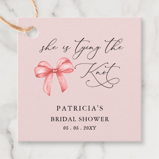 Ze bindt de knoop roze strik Vrijgezellenfeest Bedankjes Labels (Voorkant)