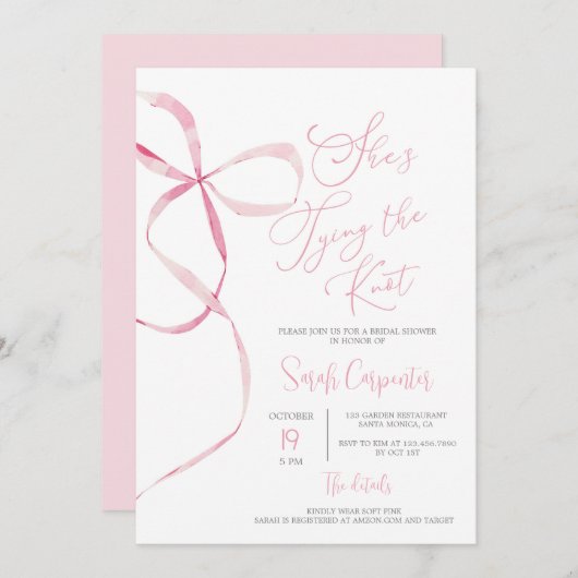 Ze bindt de knoop strik bruids douche uitnodiging (Voorkant / Achterkant)