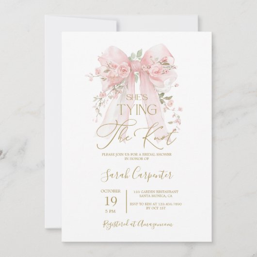 Ze bindt de knoop strik bruids douche uitnodiging (Voorkant)