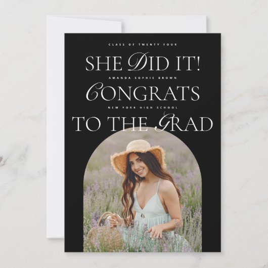 Ze deed het B&W Arch Hybrid Font Modern Afstuderen Kaart (Voorkant)