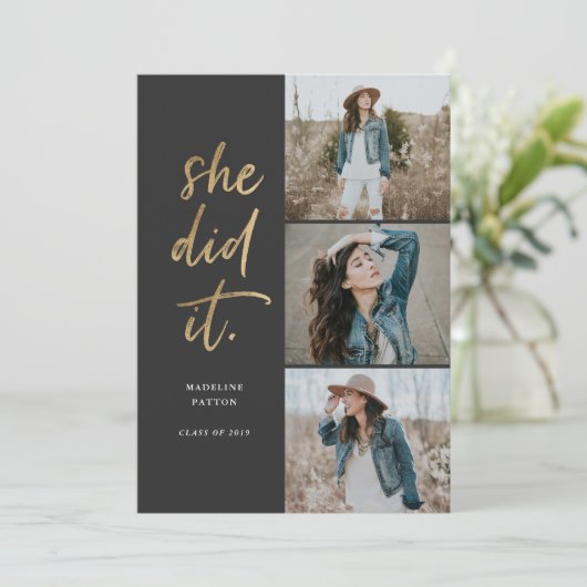 Ze deed het goud en zwart Afstuderen aankondiging (Staand voorkant)