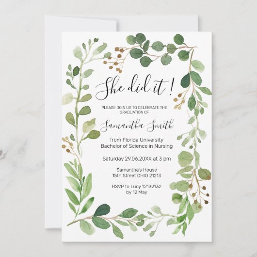 Ze deed het Greenery Afstuderen Uitnodiging (Voorkant)