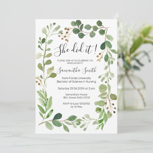 Ze deed het Greenery Afstuderen Uitnodiging (Staand voorkant)