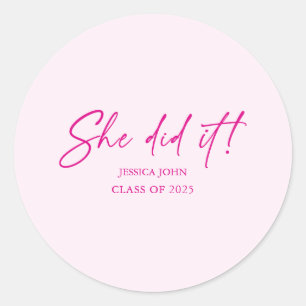 Ze deed het minimaal cute roze afstudeerfeestje ronde sticker