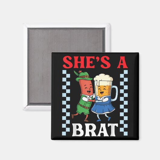 Ze draagt een grappig worst- en bierkostuum magneet (Voorkant / Achterkant)