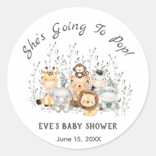 Ze gaat Safari Animals Baby shower Poppen Ronde Sticker