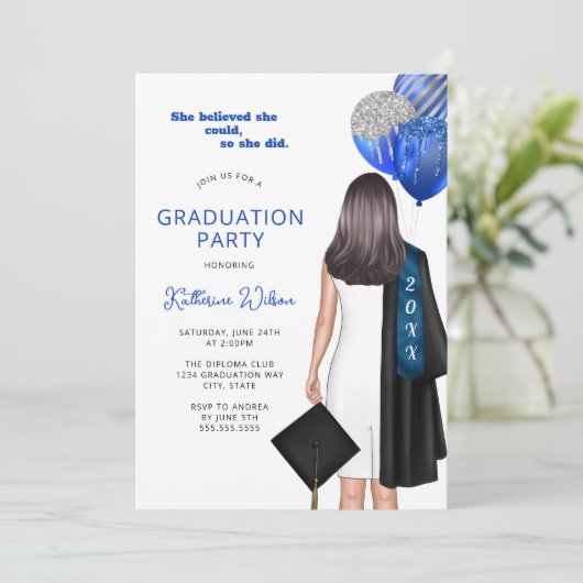 Ze geloofde dat ze een afstudeerfeest met blauwe f kaart (Staand voorkant)