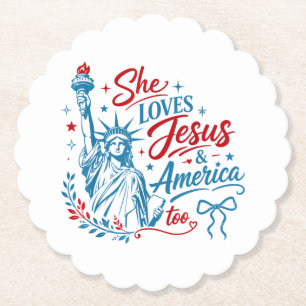 Ze houdt ook van Jezus en Amerika 4 juli Christus Kartonnen Onderzetters