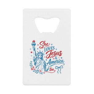 Ze houdt ook van Jezus en Amerika 4 juli Christus Kredietkaart Flessenopener