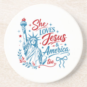 Ze houdt ook van Jezus en Amerika 4 juli Christus Zandsteen Onderzetter