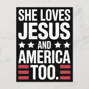 Ze houdt van Jezus en Amerika Ook Retro Patriotisc Feestdagenkaart