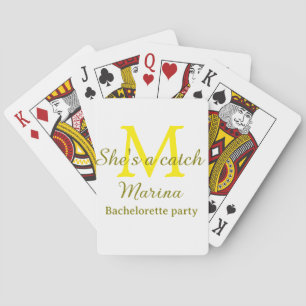 Ze is een vangst gele monogram vrijgezellenfeest n pokerkaarten