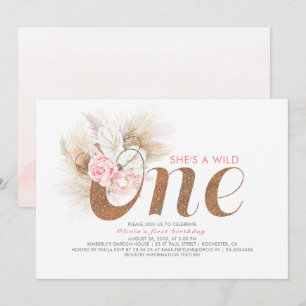 Ze is een Wild One - Roze Pampas Grass 1st Birthda Kaart